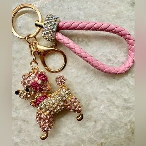 New Pink & Clear Rhinestone French Poodle Dog Gold Tone Purse Charm Keychain